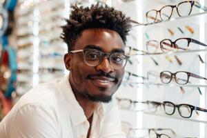 Man at an optometrist's, trying on eyeglasses photo