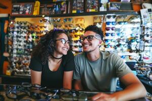Young couple at an optometrist's, trying on eyeglasses together, surrounded by a wide variety of frames and lenses, enjoying the shopping experience photo
