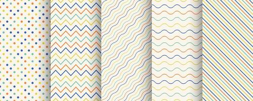 Collection of color geometric seamless minimalistic delicate patterns. Simple dotted and striped outline textures - repeatable cute unusual backgrounds vector