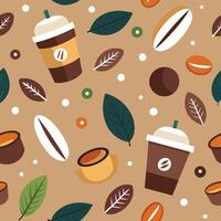 Coffee beans and leaves pattern with a cup of coffee vector
