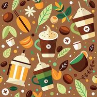 Coffee and coffee seamless pattern with coffee cups and leaves vector