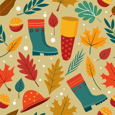 Autumn seamless pattern with boots, leaves and acorns