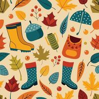 Autumn seamless pattern with boots, umbrellas, leaves and other items vector