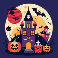 Halloween illustration with castle, pumpkins, bats and bats vector