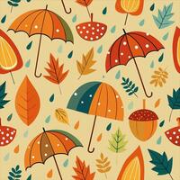 Autumn seamless pattern with umbrellas and leaves vector