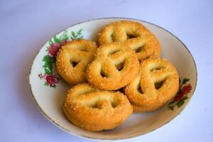 Danish butter cookies, Close up of butter cookies coated with white sugar, sweet cookies photo
