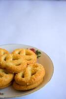 Danish butter cookies, Close up of butter cookies coated with white sugar, sweet cookies photo