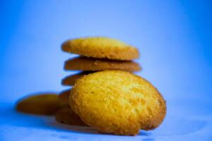 Danish butter cookies, stack of golden chocolate butter cookies isolated on white background, sweet pastry photo