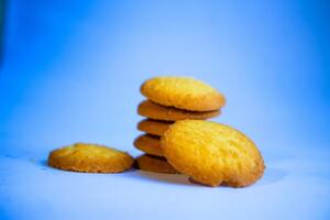 Danish butter cookies, stack of golden chocolate butter cookies isolated on white background, sweet pastry photo
