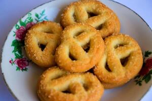 Danish butter cookies, Close up of butter cookies coated with white sugar, sweet cookies photo