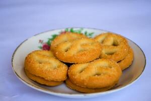 Danish butter cookies, Close up of butter cookies coated with white sugar, sweet cookies photo