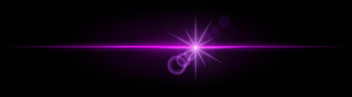 Purple neon stripes or light flash with star. Laser beams, horizontal beams. Beautiful light reflections. Glowing stripes on a black background.