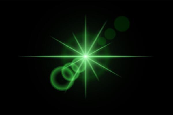 Green neon stripes or light flash star. Laser beams, horizontal beams. Beautiful light reflections. Glowing stripes on a black background.