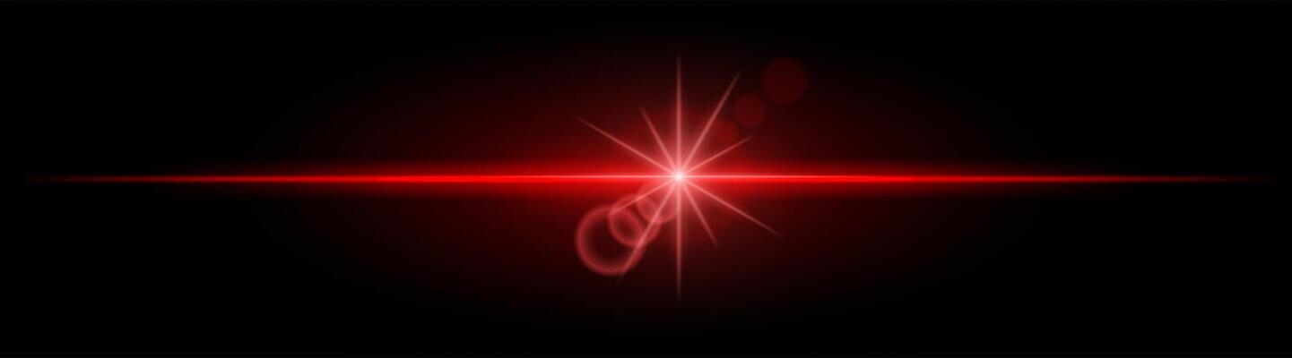 Red neon stripes or light flash with star. Laser beams, horizontal beams. Beautiful light reflections. Glowing stripes on a black background.