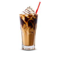 Iced coffee with cream swirl ice cubes and chocolate shavings tan liquid and straw served png