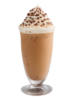 Greek Frappe in tall glass topped with foam and sprinkle of cocoa powder png