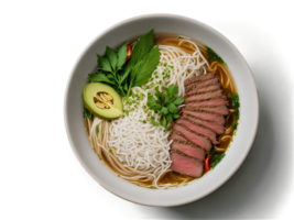 Pho bowl with rice noodles beef and herbs in fragrant broth on clean dark surface png