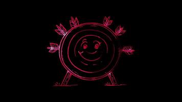 Neon frame effect, archery target with a friendly face and arrows hitting on black background video