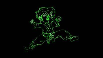 Neon- Rahmen Wirkung, Karate Kind durchführen ein Spaß trete mit ein groß Lächeln auf schwarz Hintergrund video
