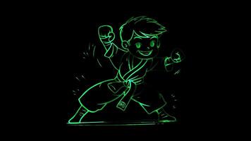 Neon- Rahmen Wirkung, Karate Kind durchführen ein Spaß trete mit ein groß Lächeln auf schwarz Hintergrund video