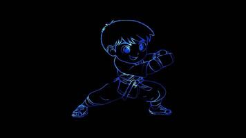 Neon- Rahmen Wirkung, Karate Kind durchführen ein Spaß trete mit ein groß Lächeln auf schwarz Hintergrund video