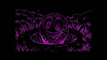 Neon frame effect, golf ball with a happy face getting ready to go in the hole on black background video