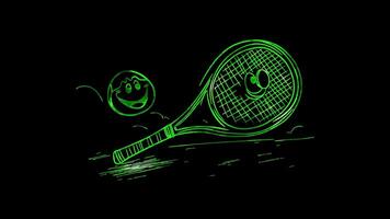 Neon frame effect, tennis racket with a cheerful face hitting a smiling ball on black background video