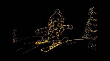Neon frame effect, skier with a joyful expression speeding down the slopes on black background video