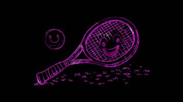 Neon frame effect, tennis racket with a cheerful face hitting a smiling ball on black background video