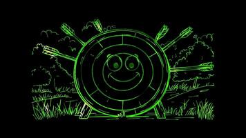 Neon frame effect, archery target with a friendly face and arrows hitting on black background video