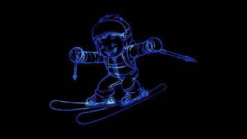 Neon frame effect, skier with a joyful expression speeding down the slopes on black background video