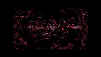 Neon frame effect, skate park with happy skateboarders and fun ramps on black background video