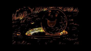 Neon frame effect, golf ball with a happy face getting ready to go in the hole on black background video