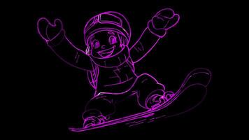 Neon frame effect, skier with a joyful expression speeding down the slopes on black background video