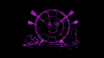 Neon frame effect, archery target with a friendly face and arrows hitting on black background video