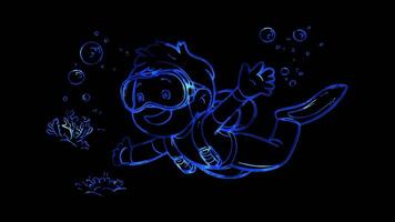 Neon frame effect, diver mid-air with a joyful expression preparing for a splash on black background video