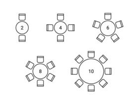 Set of plan for arranging place seats for guest in interior, layout graphic outline elements. Chairs and tables icons in scheme architectural plan. Office and home furniture, top view illustration vector
