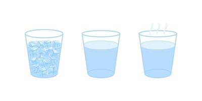 Ice cube, simple and hot with steam in glass. Different temperature of water. Frozen, gaseous vapor state of water illustration vector