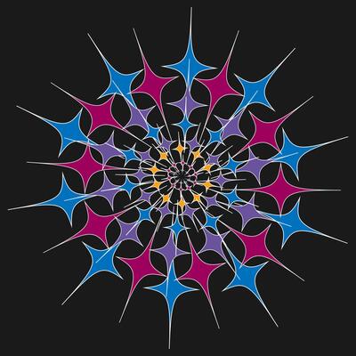 Black background illustration with multi-colored light beams coming out from the center.
