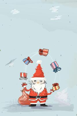 Santa Claus with gift boxes hand drawn childish style on light blue background graphic illustration. Merry Christmas greeting card vertical template have blank space.