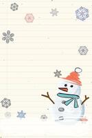 Snowman with snowflake hand drawn childish style on old notebook paper graphic illustration have blank space. Merry Christmas and Happy New Year greeting card vertical template. vector