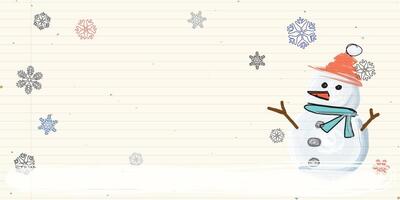 Snowman with snowflake hand drawn childish style on old notebook paper graphic illustration have blank space. Merry Christmas and Happy New Year greeting card template. vector