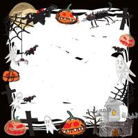 Funny Halloween elements around white blank frame hand drawn childish style on black square background graphic illustration. vector