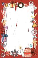 Christmas elements around white blank frame hand drawn childish style on red background graphic illustration. Merry Christmas and Happy New Year greeting card vertical template. vector