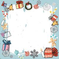 Christmas elements around white blank frame hand drawn childish style on light blue background graphic illustration. Merry Christmas and Happy New Year greeting card square template. vector