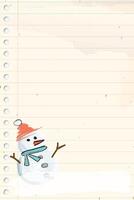 Snowman hand drawn childish style on old notebook paper vertical background have watercolors stained graphic illustration. Merry Christmas and Happy New Year greeting card template. vector
