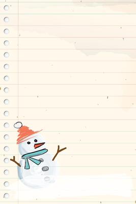 Snowman hand drawn childish style on old notebook paper vertical background have watercolors stained graphic illustration. Merry Christmas and Happy New Year greeting card template.