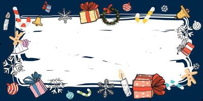Christmas elements around white blank frame hand drawn childish style on navy blue background graphic illustration. Merry Christmas and Happy New Year greeting card template. vector