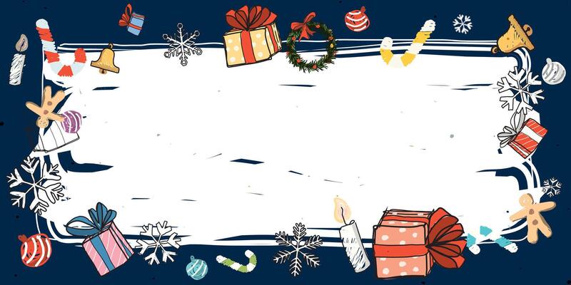Christmas elements around white blank frame hand drawn childish style on navy blue background graphic illustration. Merry Christmas and Happy New Year greeting card template.