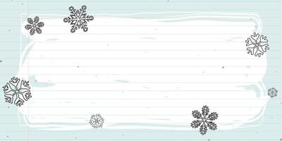 Snowflake around white blank frame hand drawn childish style on notebook paper light blue background graphic illustration. Merry Christmas and Happy New Year greeting card template. vector